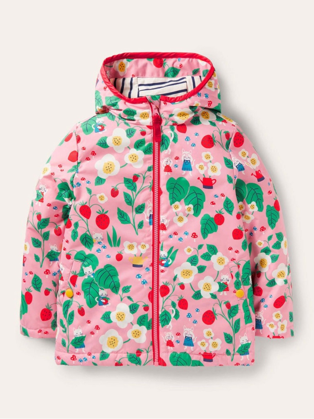 Mini Boden Cat Strawberry Zip Up Rain Jacket Coat w/ Hood Size 12-18 Months